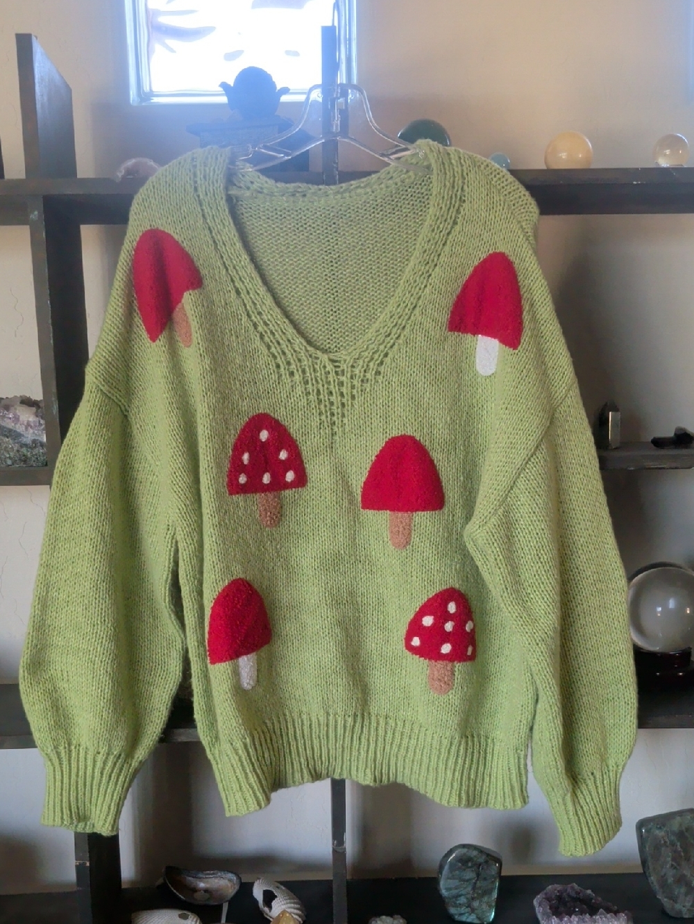SHEIN Light Green V-Neck Sweater with Red Mushroom Accents Hippy Cottage Core